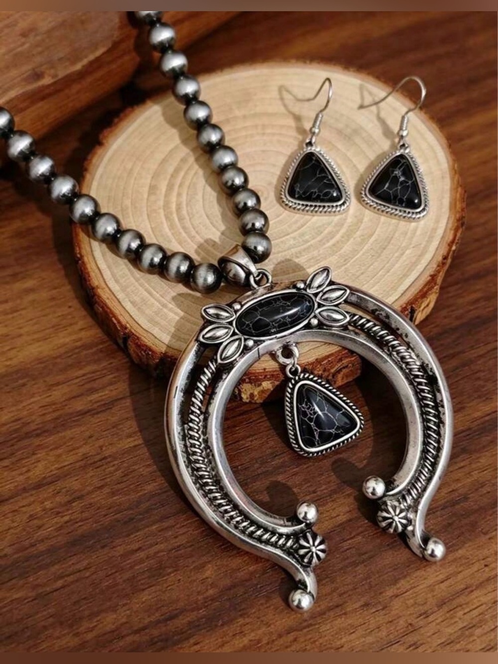 Western Silver-Tone Black Stone Horseshoe Pendant Necklace & Earrings Set
